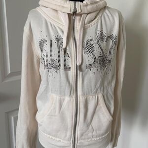 y2k vintage Guess cream zip up hoodie with black rhinestone logo, size L